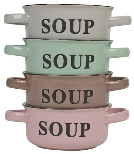 URBNLIVING Stoneware Ceramic Soup & Cereal Bowls with Handles - 500ml - Pink Grey Green Brown - Microwave & Dishwasher Safe - Set of 4 or 8 Stackable Serving Dishes
