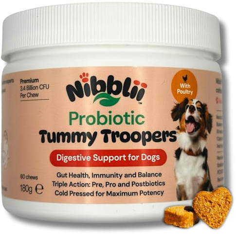Sensitive Stomach Dog Probiotics - Firmer Stools and Happy Tummies | With Cranberry & Chicory | 3.4 Billion CFU Soft Chews | Pre, Pro & Postbiotics | Nibblii Tummy Troopers
