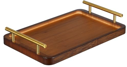 VALICLUD Bandeja de Madera para Servir con Asas Doradas Bandeja Rústica de Bambú para Desayuno y Té Plato Rectangular Decorativo para Hogar