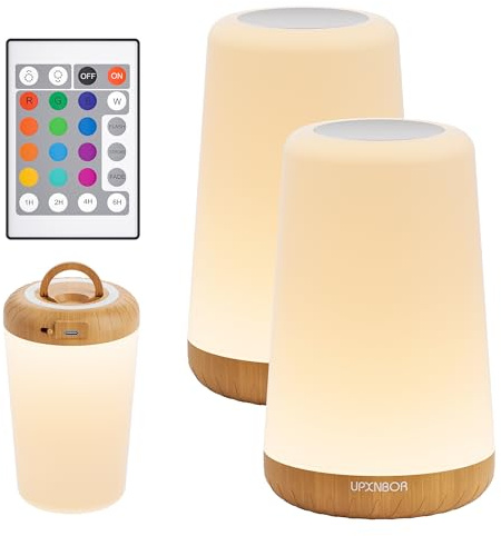 UPXNBOR LED Touch Bedside Lamp, Night Light for Bedroom, Living Room & Kids | Table Lamp with Remote Control, Dimmable Light, 13 RGB Colours and 5 Brightness Levels, Timer, Hook, USB Rechargeable, 2 Pack