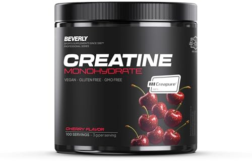 Beverly Creatina Monohidrato Creapure® 300g (100 Dosis) | Micronizada, Alta Pureza Alemana, sin Aditivos, Vegana | Aumenta Rendimiento y Fuerza en Entrenamientos Intensos (Cereza)