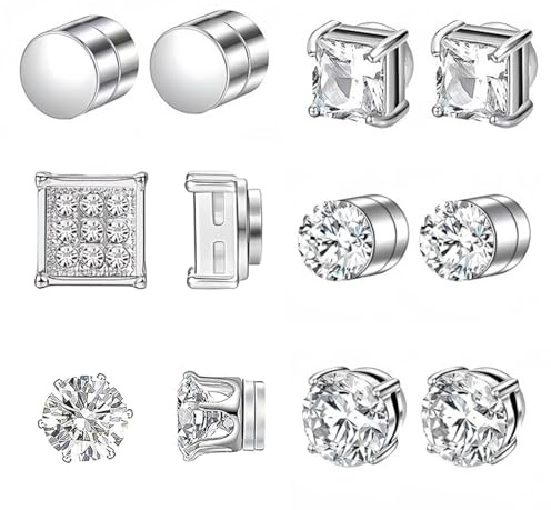 Houbobo 6 Pairs Stainless Steel Magnetic Stud Earrings for Men Women, Unisex Non Piercing Magnet Studs 6 to 8MM, Shiny Round Cubic Zirconia Diamond Stud Earrings Not Easy to Fall off