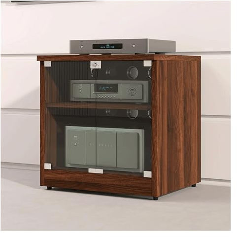 PZEOB Audio-Rack aus Holz, Medienschrank for Homeoffice und Heimbüro, mit Glastüren und verstellbaren Regalböden(Walnut,2 Tier)