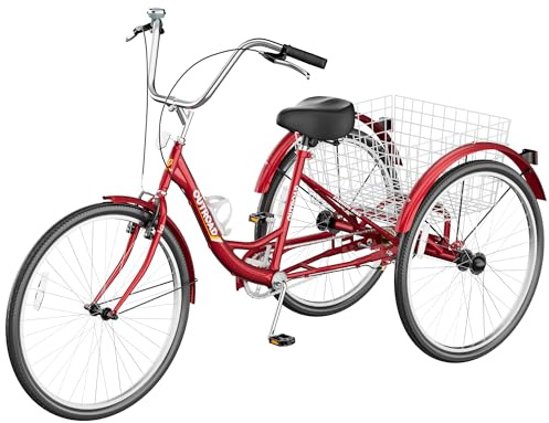 Max4out Adult Tricycle with Large Basket 24/26 Inch, Stable 3-Wheel Cruise Bicycle for Shopping, Beach and City Trike Perfect for Men, Women, Seniors -24 Red