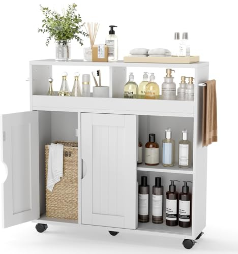 COSTWAY Bathroom Floor Cabinet on Wheels, Freestanding Slim Bathroom Storage Unit with Sliding Door, Open/Adjustable Shelves & Towel Bars, Mobile Narrow Storage Cupboard for Living Room Kitchen, White