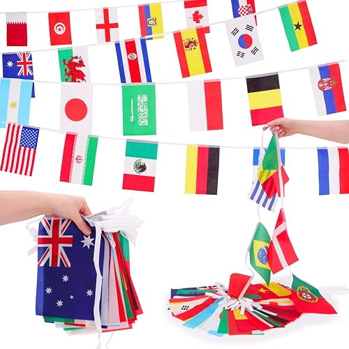Toyland® 10 m (33ft) Guirlande de drapeaux du monde entier - 32 nations incluses - Accessoires de fête et de célébration pour la Coupe du Monde, les événements sportifs et les décorations patriotiques