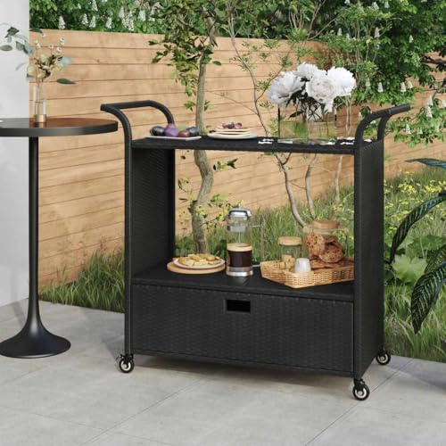 Genérico Carrito de Bar con cajón ratán sintético Negro 100x45x97 cm, Carros de Cocina y Comedor Negro,316663