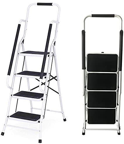 Marchepied Echelle Pliable, Escabeau 4 Marches Pliant avec 2 Rampes de Sécurité & Garde-Corps Charge max. 150Kg Pour Cuisine Bureau Utilisation