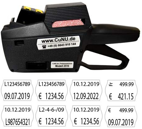 Zweizeiliger Preisauszeichner für Preise, Datum, Artikelnummern - Modell CuNU 2516 inkl. 5.500 Etiketten nach Wahl (D: LOT/Charg-Nummer & MHD-Etiketten)