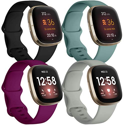 JUVEL Armband kompatibel mit Fitbit Versa 3 Armband/Fitbit Sense/Versa 4 Armbänder, 4 Stück, Ersatz-Sportarmbänder aus weichem Silikon, für Damen und Herren, klein, Schwarz/Kieferngrün/Grau/Fuchsia