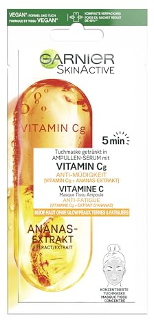 Garnier Tuchmaske, Gesichtsmaske für müde Haut ohne Glow, Anti-Müdigkeit, Getränkt in Ampullen-Serum, Vegane Formel mit Vitamin C und Ananas-Extrakt, 15 g
