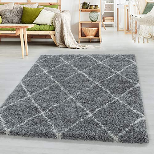 SIMPEX Hochflor Teppich, Geometrisch Design, Grau, 140 x 200 cm, Skandinavischer Stil, Wohnzimmer
