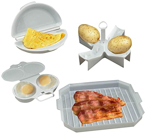 MantraRaj 4 Piece Microwave Cooking Breakfast Set Cooking 4Pcs Set Egg Poacher Bacon Potato Omelette Maker BPa Free Plastic Dishwasher Safe Compact Design