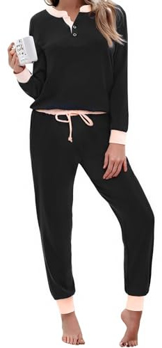 Aseniza Pyjama Femme Hiver Coton Ensembles de Pyjama Femmes Chauds Manches Longues Vêtements de Nuit Couleurs Contrastées Ensemble Pyjamas Tenue de Nuit Vêtements de Détente Loungewear Noir S