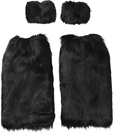 Agoky Damen Plüsch Kunstpelz Armstulpen Manschette mit Beinwärmer Set Winter Pelzigen Pulswärmer Pelzhandschuhe Stiefelsocken für Winter Outdoor Schwarz B One Size