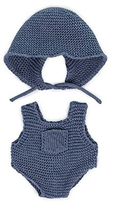 Strick-Kleiderset für Miniland Dolls, aus recyceltem Material, für 21cm Puppen. Modell: Strampler und Mütze, blau