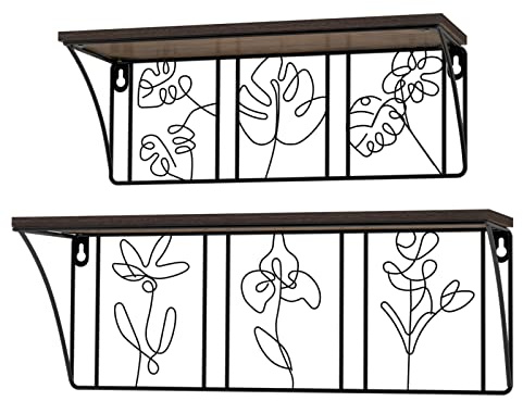 QUTREY Plant Wall Art Floating Shelves Set of 2, Minimalist Metal Abstract Decor Rustic Wooden Shelf for Living Room, Bedroom, Bathroom