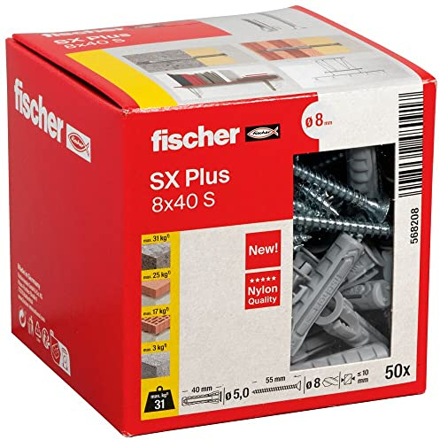 fischer Spreizdübel SX Plus 8 x 40 S, Schachtel mit 50 Nylondübeln und passenden Schrauben, Dübel für optimalen Halt bei Befestigungen in Beton, Vollziegel, Porenbeton, Hochlochziegel uvm.