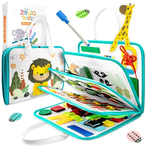zoula kidz® Montessori Busy Board deutsch - Activity Board & Quiet Book mit 6 Seiten - sicheres & schadstofffreies Busy Book - ideales Kleinkind Spielzeug & Motorikspielzeug aus weichem Filz (Löwe)