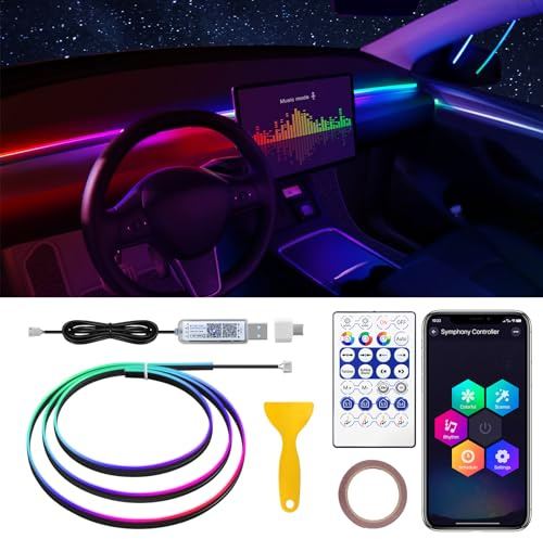 for Tesla Model 3/Y/S/X Dreamcolor Acrylic Interior Car LED Strip Light with USB/Type C, 55.1 inches Fiber Optic Ambient Lighting Kits, 16 Million Colors Sound Active Neon for Tesla Accessories