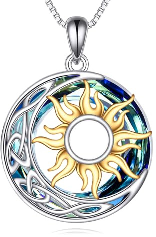 YAFEINI Sonne und Mond Kette Damen 925 Sterling Silber Opal Keltischer Mond Anhänger Halskette Mondstein Sonne Schmuck Geschenk