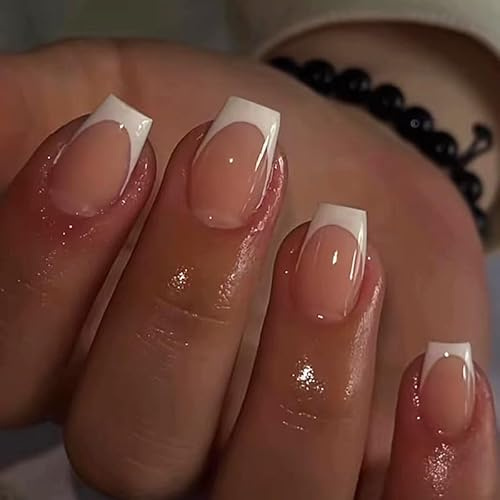 Maggidea French False Nails, Acrylic French Stick on Nails, 24pcs Strong Short Coffin Ballerina Style Press On Nails with Glue Elegant White Tips Design Fake Nails (Short Ballerina)