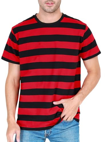 COSAVOROCK Camisetas de Algodón de Rayas Anchas para Hombre Cuello Redondo Top Básico