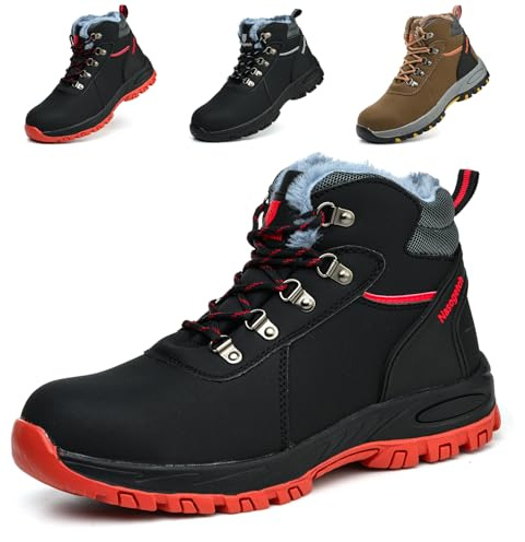 Bawalon Chaussures de Sécurité Hiver Hommes Montante Imperméables Femmes Bottines de Sécurité Embout Acier Antidérapant Chaussures de Travail Rouge 38 EU