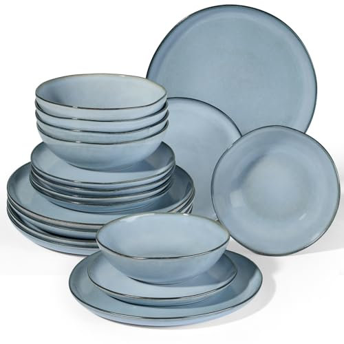 Onader Servizio da tavola per 6 persone, 18 pezzi, in gres porcellanato, irregolare, rotondi, piatti da dessert, piatti piani, anti graffio e adatti al microonde, blu nebbioso reattivo