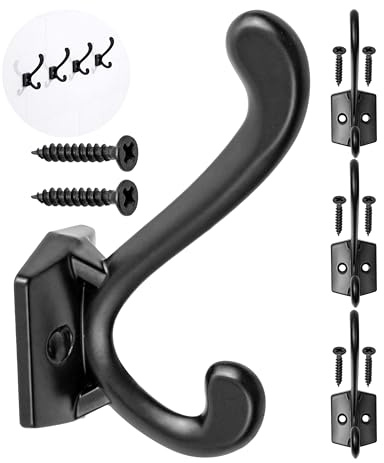 Haken zum Schrauben, 4 Stück, in Schwarz, Außen 85 x 28 x 27 mm, Doppelhaken inkl. Holzschrauben, Garderobenhaken für Tür, Bad, Küche, Flur, Büro, DIY Metallhaken, Mantelhaken, Huthaken, Wand Haken