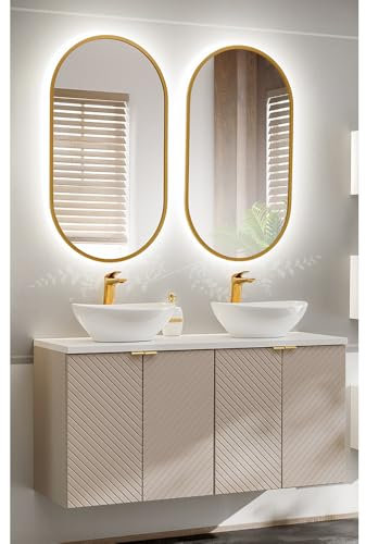 Lomadox Badezimmer Badmöbel Set 3-teilig in Kaschmir und weiß mit 120 cm Doppelwaschtisch mit Keramikwaschbecken, 2 LED-Spiegel, gerillte Front, wandhängend