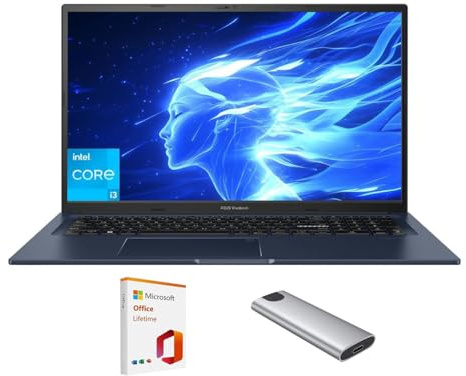 ASUS Vivobook Ordinateur portable, écran FHD antireflet de 17,3, Core i3-1215U (jusqu'à 4,4 GHz), 8 Go de RAM, 512 Go SSD + SSD portable 128 Go, WiFi 6E, webcam, clavier, copilote, avec bureau à vie
