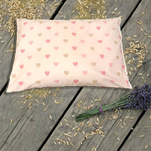 Natura - Cuscino per erbe aromatiche per bambini, 50 x 34 cm, con spelta di farro e 9 erbe, rivestimento in cotone biologico, piccoli cuori, per un sonno tranquillo, idea regalo