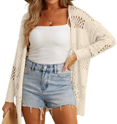 GRECERELLE Crochet Cardigan for Women | Summer Beach Cover Up Lightweight Hollowed Out Open Front Long Cardigans Ladies Sun Protection Beachwear