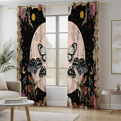 Curtains for Living Room Brown Soft Thermal Insulated Pencil Pleat Blackout Eyelet Curtain Butterfly Moon Mushrooms Retro Print Pattern Window Drapes for Bedroom, W52 x L72 Inch (2 Panels)
