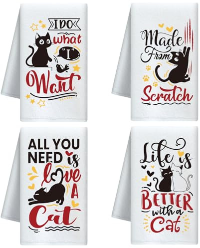 CUTHOLLOW 4er-Set Geschirrtücher Mikrofaser mit Motiv lustig Lustige Schwarze Katze - Weich & saugfähig - Deko Küchentücher, Trockentücher für Geschenke, Tee, Kaffee, Bar, Zuhause, Einweihung, Küche