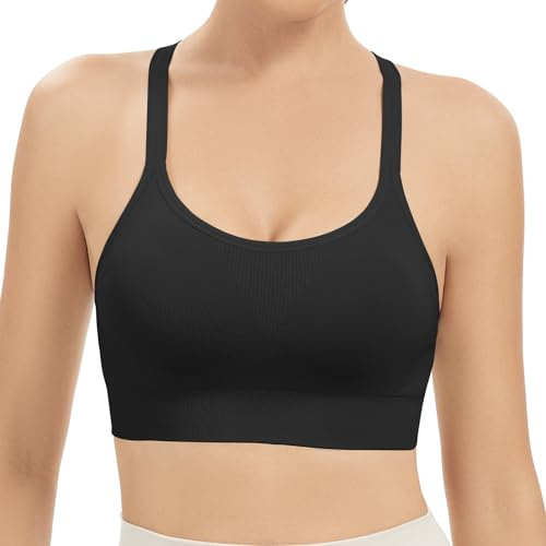 Comfyin Racerback Sports Bras for Women Unpadded Workout Bralette Seamless Yoga Gym Fitness Top,Black,L