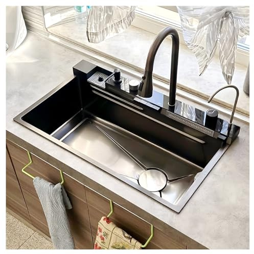 ATHOMASM 85 x 50 cm Évier de cuisine en acier inoxydable, avec indicateur de température, nano-revêtement, 1 lavabo cascade individuel, avec robinet amovible, tuyau de drainage, grand évier de cuisine