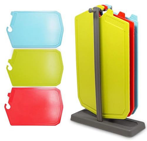 Chopping Board Set (UK Company) – 3 Large 37.5x23.5cm Colour-Coded Plastic Cutting Boards with Vertical Stand & Drip Tray, Reversible, BPA-Free, Non-Slip, Dishwasher Safe