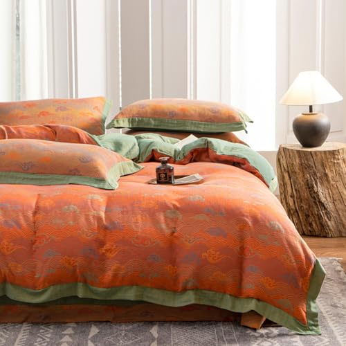 Set Biancheria Da Letto 4 Pezzi Cotone Doppia Garza Jacquard Vintage, Copripiumino Con Zip E Lenzuolo Piano, Tessuto Ipersoffice E Traspirante Per Tutte Le Stagioni(#3,King:2x2 m/cover:2.2x2.4 m)