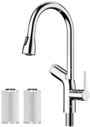 Cobbe Kitchen Tap with Water Filter, Kitchen Tap Mixer Pull-Down Sprayer, High Arc Swivel Single Handle Sink Faucet – Removes Lead, Chlorine, Odor & Bad Taste (Comes with 3 Carbon Filters)