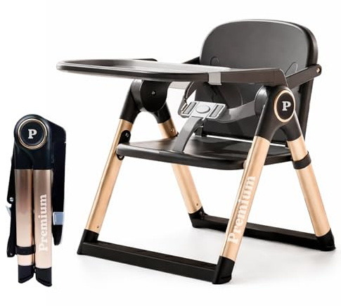 Trona Portátil Plegable Premium para Bebé 2 en 1, Elevador de Silla con Correas de Fijación, 4 Alturas, Bandeja Extraíble, Bolsa de Transporte, 6-36 Meses, hasta 15 kg (NEGRA + DORADO)