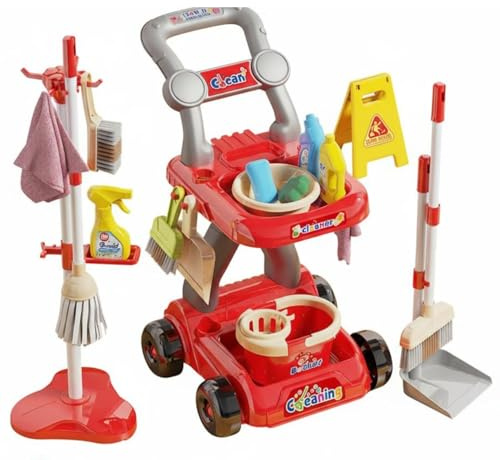 MagiDeal Children Cleaning Playset Kids Cleaning Set Toy Broom Mop Bucket Housekeeping Kit Pretend Tools Material With Storage Stand Suitable for preschool, Red, Trolley SET 18PCS