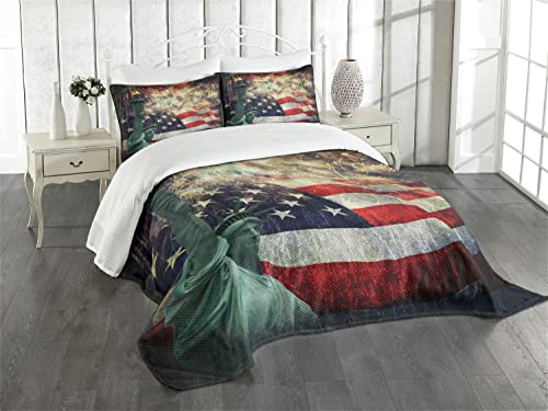 ABAKUHAUS Amerikanische Flagge Tagesdecke Set, Feuerwerke Juli 4, Set mit Kissenbezügen Romantischer Stil, für Doppelbetten 264 x 220 cm,Mehrfarbig