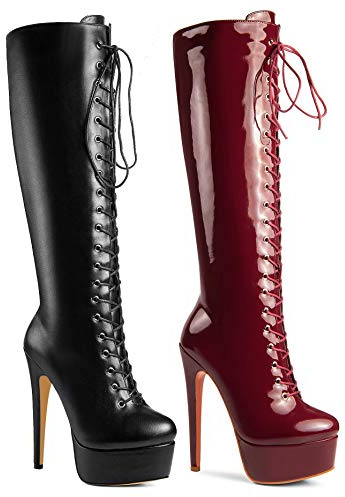 ANN CREEK Women's 'Niwen' Knee High Sexy Fashion Ultra High Stiletto Heels Platform Lace Up Boots Black 10