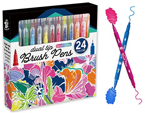 24 Farben Filzstifte Dicke und Dünne, Dual Brush Pen für Kinder und Erwachsene, Doppelspitze Malstifte Pinselstifte Set für Bullet Journal, Malbücher, Handlettering, Manga