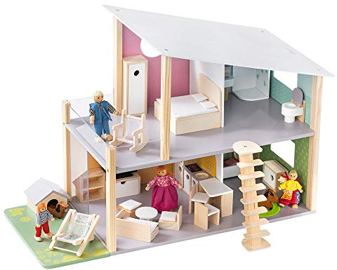 howa Puppenhaus Nelly aus Holz mit 23 TLG. Möbelset, 4 Puppen und Hund 7015