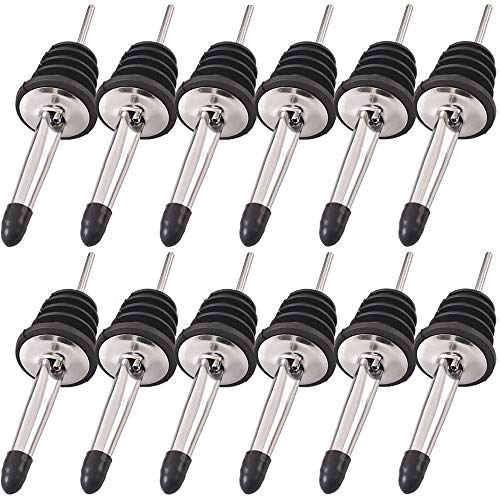 Newk Vertidores de acero inoxidable, paquete de 12 vertidores de botellas clásicos pico cónico con tapas antipolvo de goma, adecuados para verter licor, vinagre
