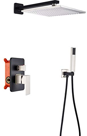 Shower Set Système de Douche Noir et Brossé Ensemble de Douche Montage Mural Colonne de Douche avec Tête de Douche, Douchette à Mains, Boîte Intégrée,12 inches
