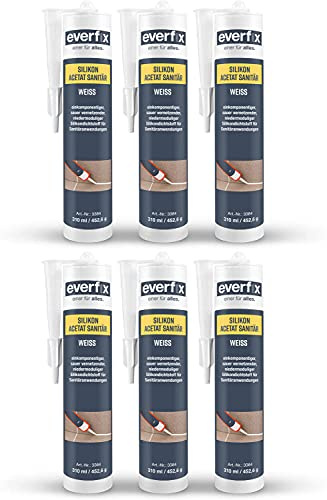 EVERFIX Sanitär Silikon Acetat weiss (310 ml, 6 Stück) für Bad, Dusche und Küche zum Abdichten und Verfugen für außen und innen, schimmelresistent, pilzhemmend, wasserdicht